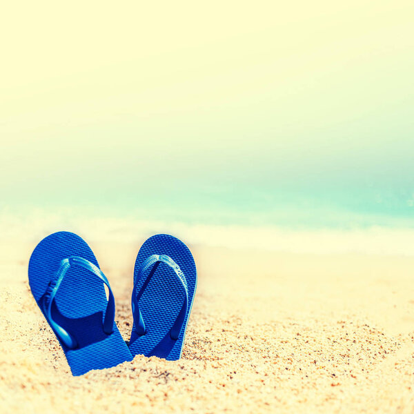 Summer Holidays in Beach Seashore. Summer vacation concept in vintage hipster style with blue  flip flop