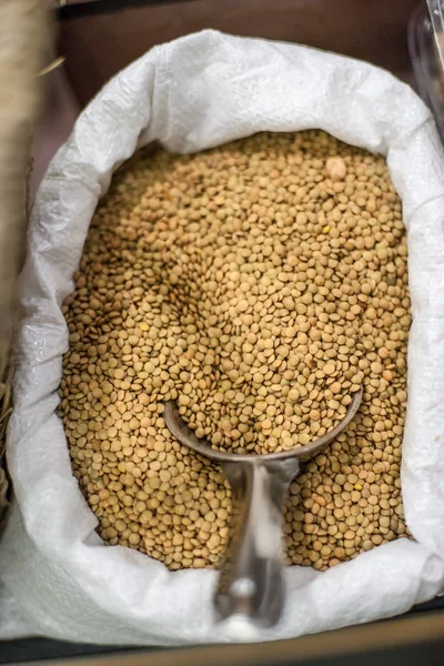 Sojabohnen Sack Auf Einem Lokalen Bauernmarkt Konzept Eines Gesunden Lokalen — Stockfoto