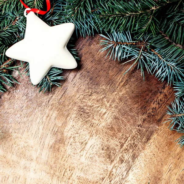 Kerstdecoratie Houten Plank Elegante Xmas Achtergrond Met Glanzende Witte Ster — Stockfoto