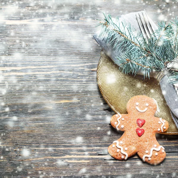 Christmas Table Setting Festive Decorations Wooden Background Copy Space — Stock Photo, Image
