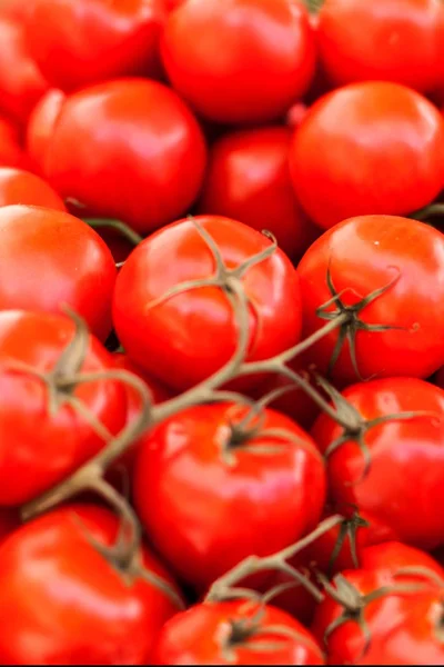 屋外のファーマーズマーケットで新鮮な有機トマトのクローズ アップ ローカルの健康食品市場のコンセプトです さまざまなボックスのトマト — ストック写真