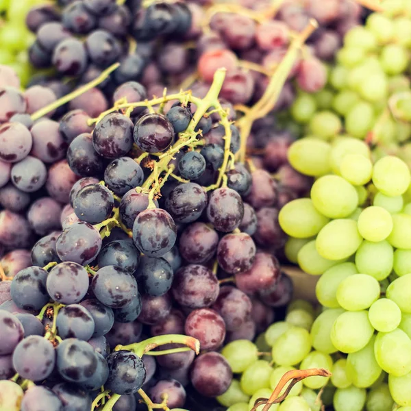 Bir yerel çiftçi piyasasında olgun üzüm çeşitli organik. Sağlıklı yerel gıda pazarı konsepti vintage hippi tarzı. 