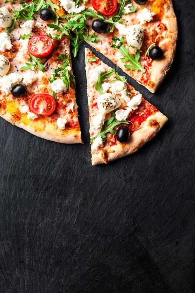 Hot Pizza Slice Melted Mozzarella Cheese Tomato Black Concrete Background Stock Image