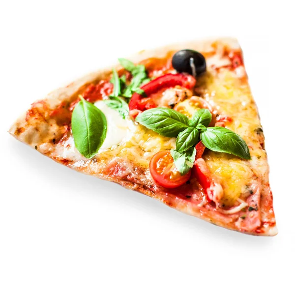 Slice Fresh Italian Classic Vegetarian Pizza Cheese Tomatoes Basil Leaf — Stock Photo, Image
