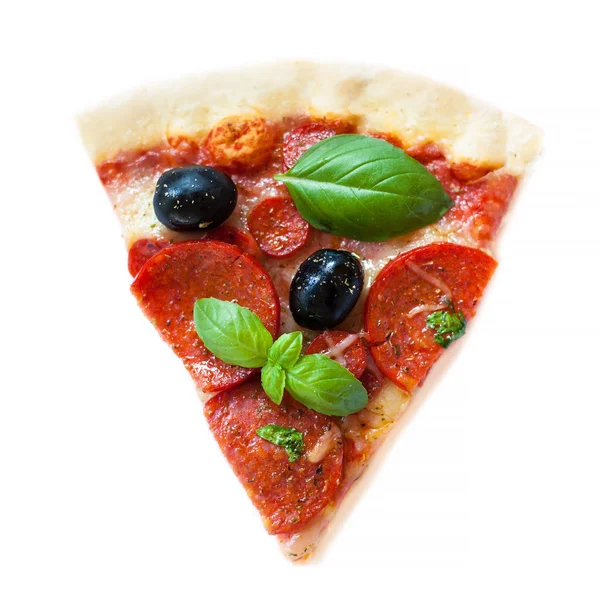 Slice Fresh Italian Classic Pepperoni Pizza Cheese Tomatoes Basil Leaf — Stock Photo, Image