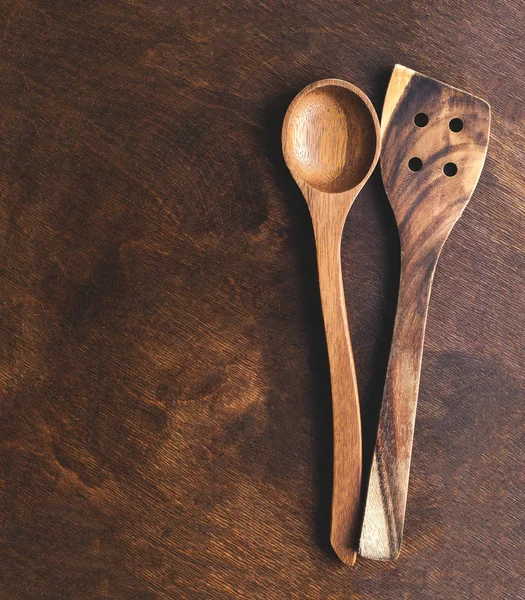 Kuchyňské Dřevěné Náčiní Vintage Dřevěné Pozadí Kopie Prostoru Pohled Shora — Stock fotografie