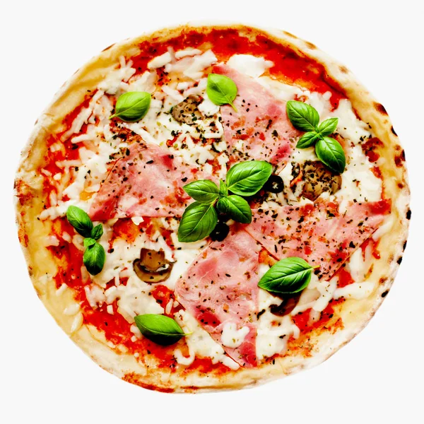 Pizza Con Jamón Queso Mozzarella Pimienta Aceitunas Aisladas Sobre Fondo —  Fotos de Stock