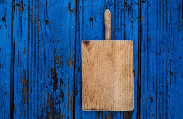 Old Chopping Cutting Board Blue Wooden Background Empty Textured Kitchen — Stock Photo, Image