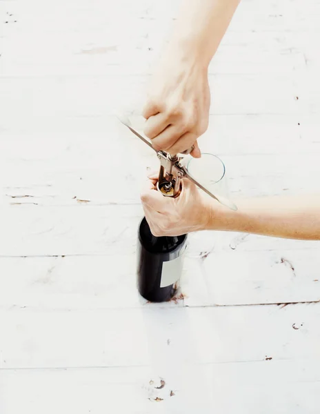 Woman Hands Opening Bottle Red Wine Corkscrew Old White Wooden — Stock Photo, Image