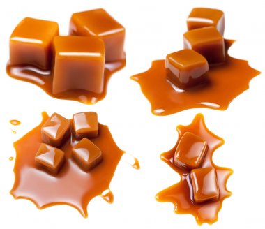 Karamelli şeker karamel soslu beyaz arka plan üzerinde izole