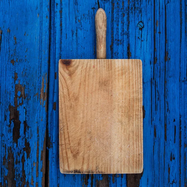 Old Chopping Cutting Board Blue Wooden Background Empty Textured Kitchen — Stock Photo, Image