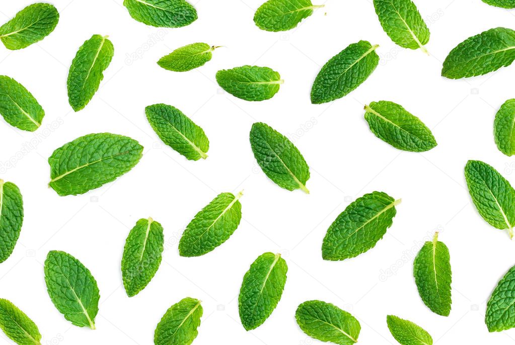 Fresh mint leaves pattern isolated on white background, flat lay. Macr
