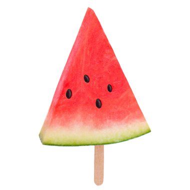 Beyaz arka plan üzerinde izole buzlu şeker dilim karpuz. Taze su