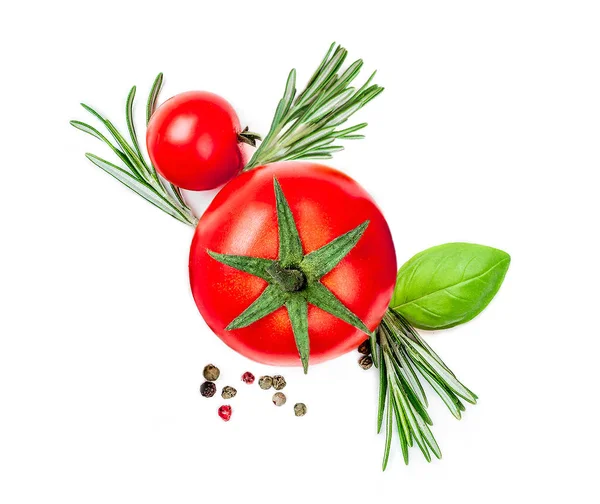 Ovanifrån Färska Tomater Med Basilikablad Och Rosmarin Vit Bakgrund — Stockfoto