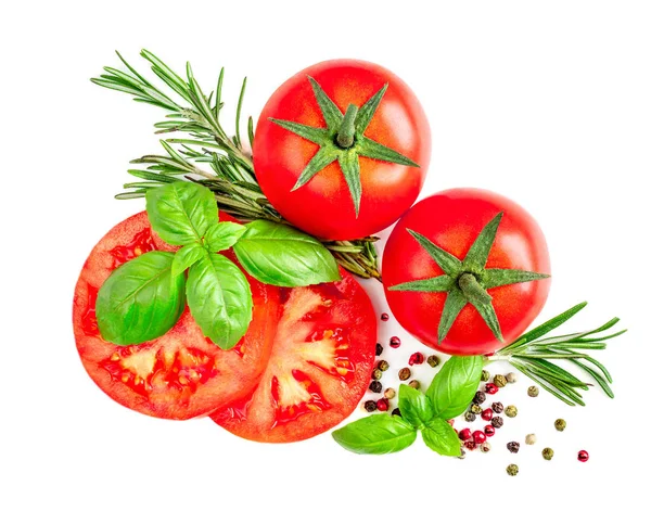 Ovanifrån Färska Tomater Med Basilikablad Och Rosmarin Vit Bakgrund — Stockfoto
