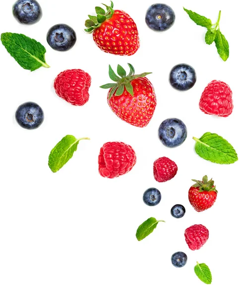 Fresh Berries Pattern Mint Leaves White Background — Stock Photo, Image