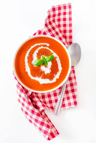 Tomato soup in white bowl on red checkered tablecloth on white background — Stock Image Tomato Soup White Bowl Red Checkered Tablecloth White Background Royalty Free Stock Images