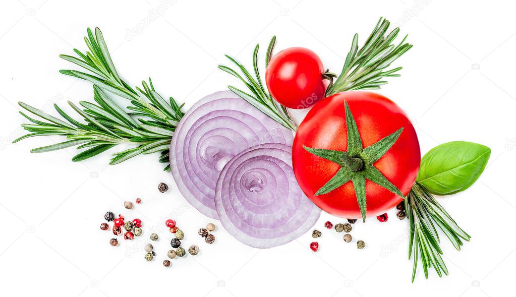 Fresh tomatoes with spices, herbs and onion isolated on white background