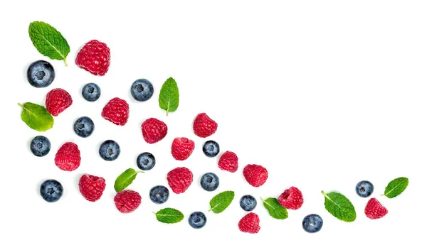 Fresh Berries Pattern Mint Leaves White Background — Stock Photo, Image