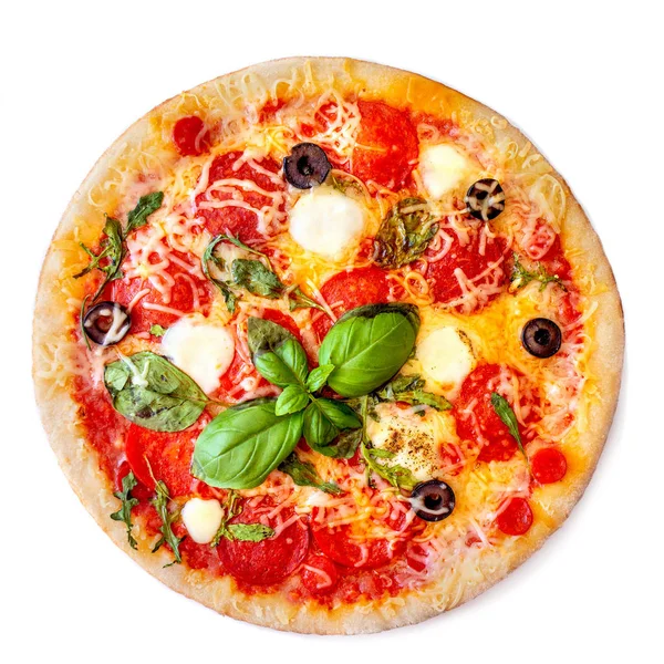 Pizza Aislada Pepperoni Pizza Fresca Con Queso Mozzarella Hoja Albahaca —  Fotos de Stock