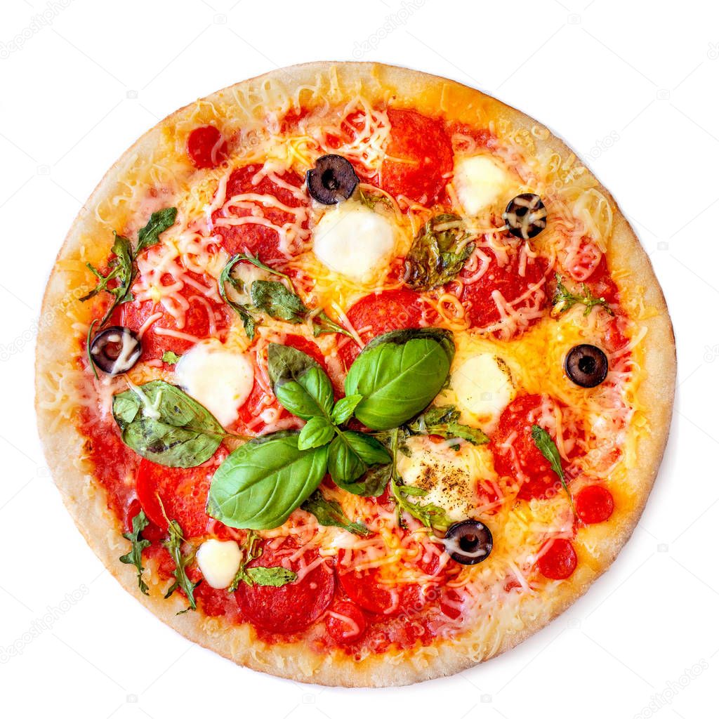Isolated Pepperoni Pizza. Fresh Pizza  with mozzarella cheese, Basil leaf, olives   and tomato sauce isolated on white background, top vie