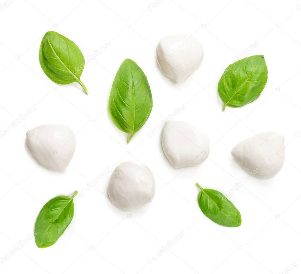 Mozzarella cheese and basil leaf  isolated on white background. Top vie
