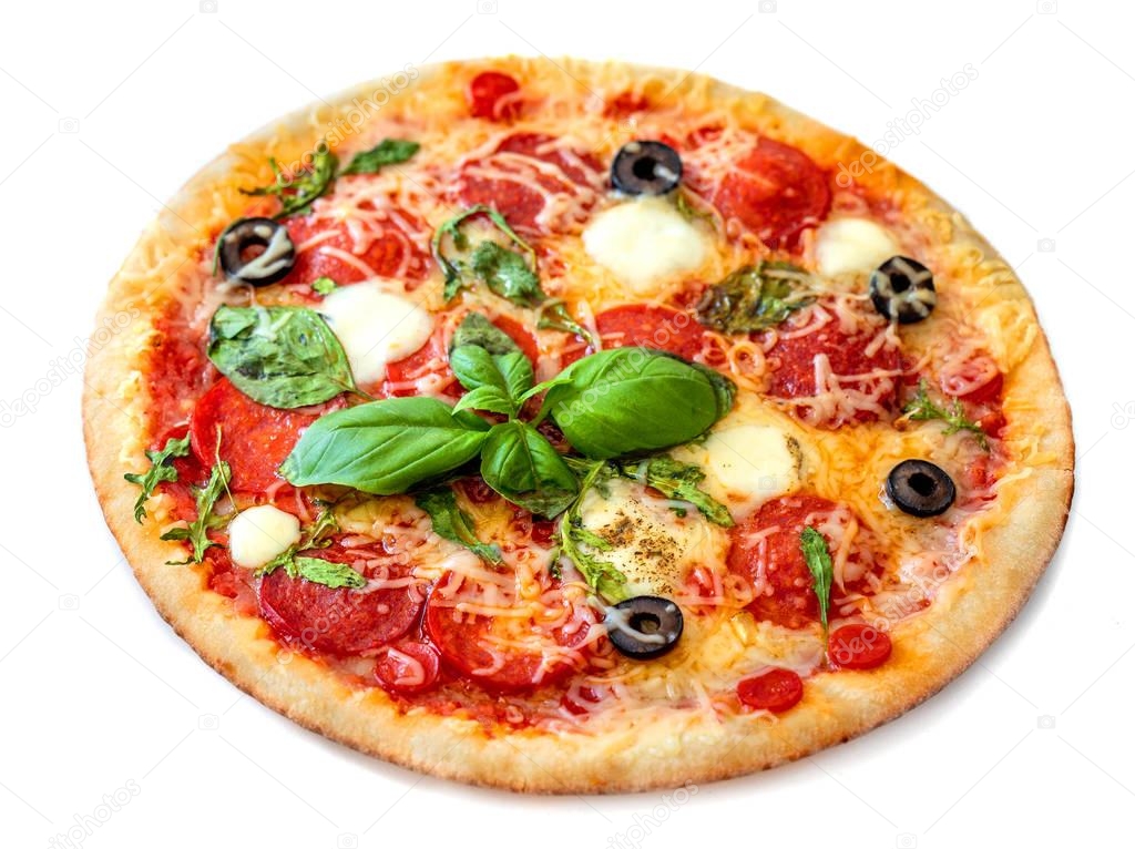 italian classic original pepperoni pizza with basil leaves isolated on white background