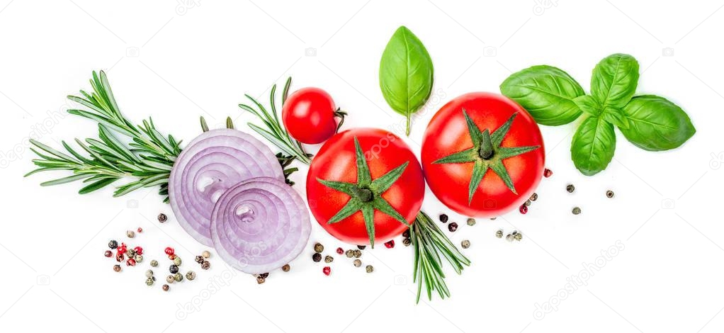 Fresh red tomatoes with basil leaves, spices and herbs isolated on white background