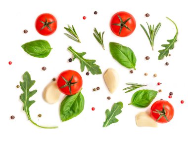 Taze sebzeler, otlar ve baharatlar beyaz arka plan üzerinde izole ile Seamless Modeli.