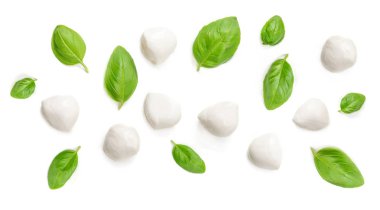 Beyaz arka plan üzerinde izole mozzarella peyniri ve fesleğen yaprakları.