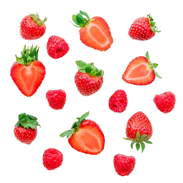 Nahtloses Muster Mit Erdbeeren Und Himbeeren Isoliert Auf Weißem Hintergrund — Stockfoto