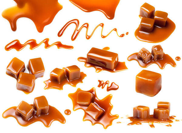 Flowing caramel sauce isolated on white background