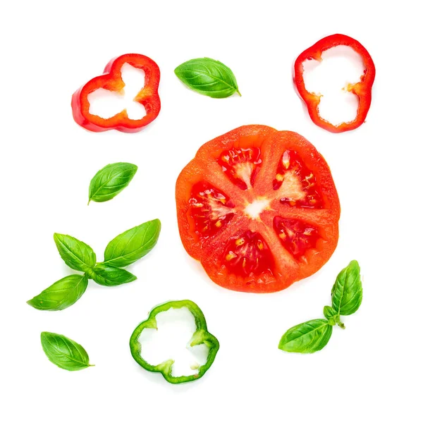 Färgglad Mat Mönster Tillverkad Röd Paprika Tomat Och Basilika Blad — Stockfoto