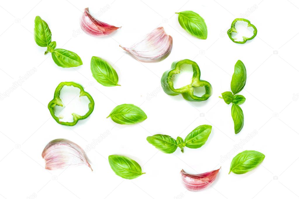 Fresh vegetables, herbs and spices isolated on white background
