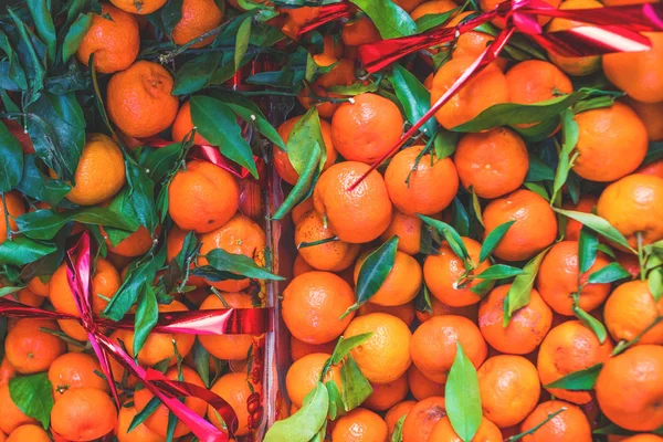 Zavřít Pohled Čerstvých Mandarinek Zelené Listy Větvičky — Stock fotografie