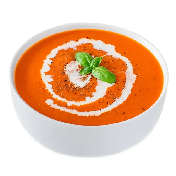 Tomatencremesuppe in einer weißen Schüssel mit Kräutern isoliert auf whit — Stockfoto