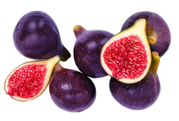 Odizolowane owoce figowe. Zdjęcie żywności Fresh Whole and Halved Figs o — Zdjęcie stockowe