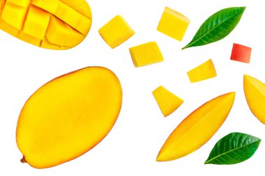 Beyaz arka planda izole edilmiş yeşil yapraklı ve parçalı mango meyvelerinin yaratıcı düzeni. Mango deseni. Üst Manzara. Düz yatıyordu