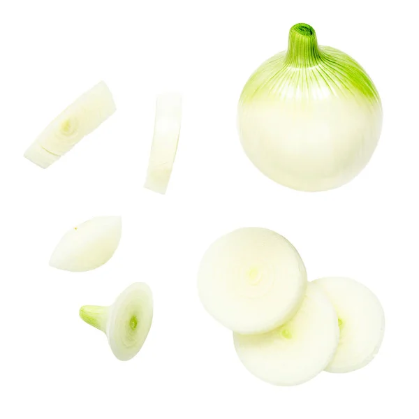 Onions pattern.  Set of fresh whole onions with pieces isolated — 스톡 사진