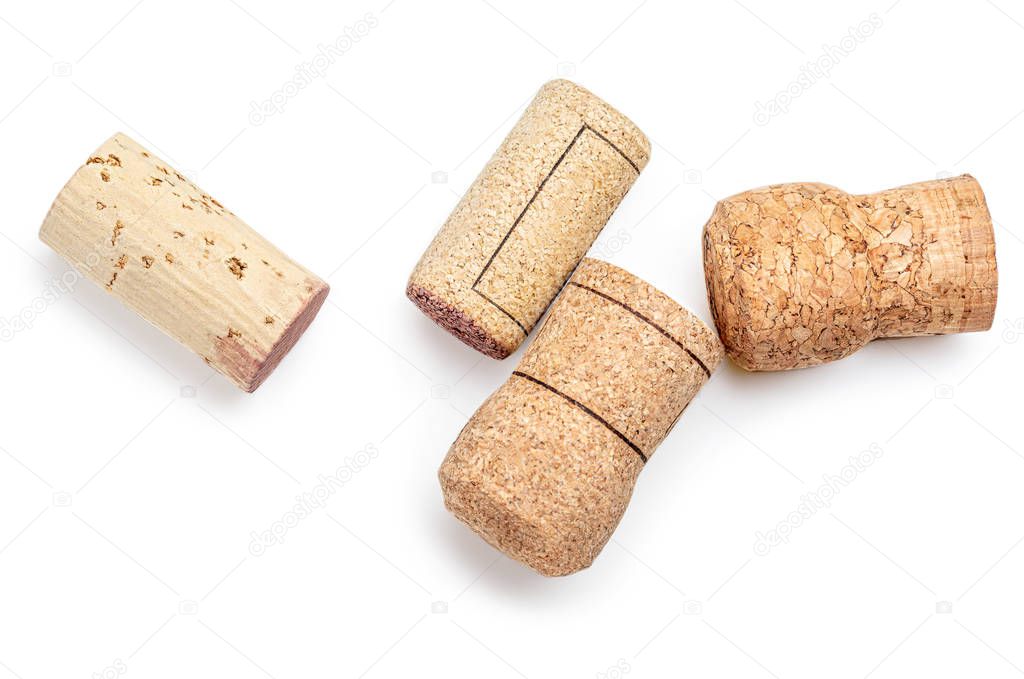 Grapes wine bottle corks Isolated on white background. Wooden Co