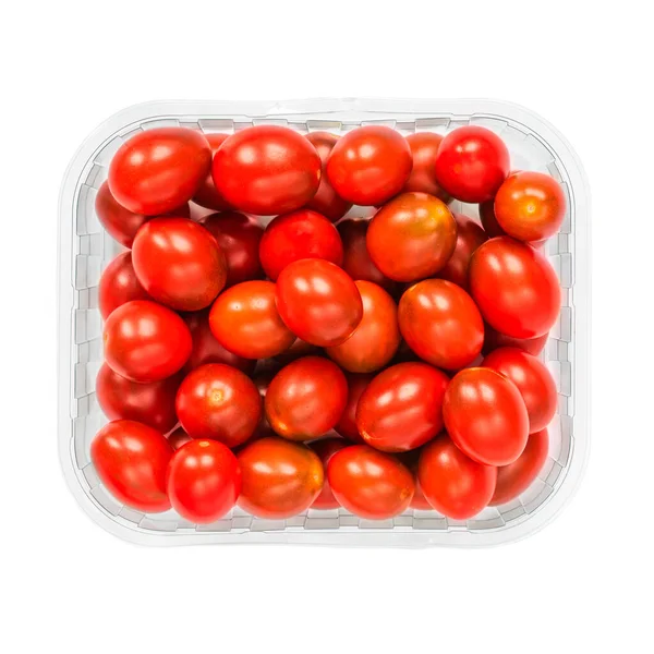 Pomodori ciliegini freschi in una scatola di plastica isolata su dorso bianco — Foto Stock