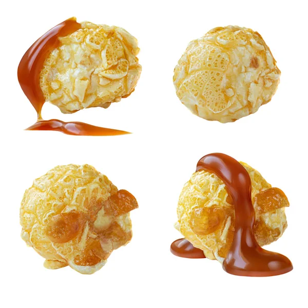 Popcorn pieces  with Caramel sauce isolated on white background. — 스톡 사진