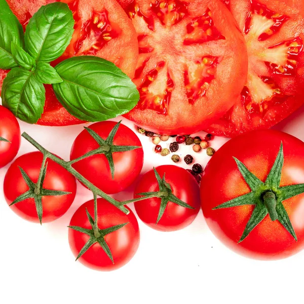 Kreativ Layout Gjord Tomat Örter Och Kryddor Röda Tomater Och — Stockfoto