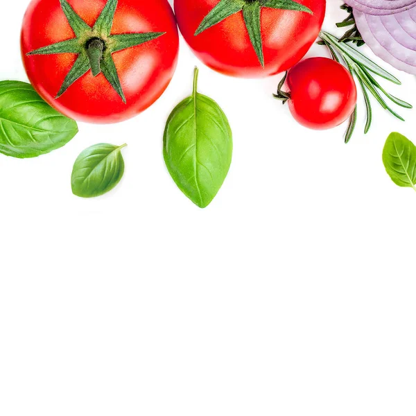 Mozzarella Basilikablad Rosmarin Och Tomater Isolerade Vit Bakgrund Kreativ Layout — Stockfoto