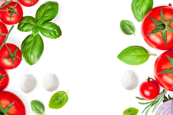 Mozzarella Basilikablad Rosmarin Och Tomater Isolerade Vit Bakgrund Kreativ Layout — Stockfoto