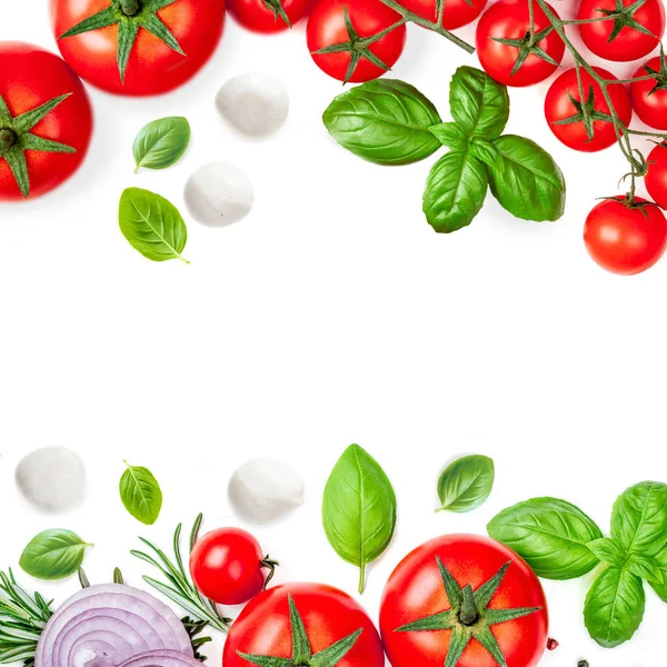 Mozzarella Folha Manjericão Alecrim Tomates Isolados Fundo Branco Layout Criativo — Fotografia de Stock