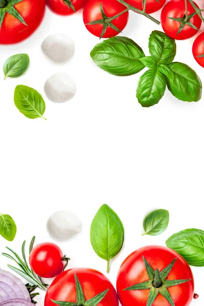 Mozzarella Foglia Basilico Rosmarino Pomodori Isolati Fondo Bianco Layout Creativo — Foto Stock