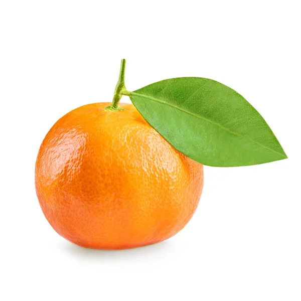 Mandarinenfrucht Clementine Mit Grünem Blatt Isoliert Auf Weißem Hintergrund — Stockfoto