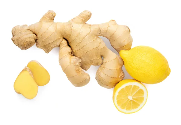 Fresh Ginger Root Sliced Lemon Fruit Isolated White Background Top — Stock Photo, Image