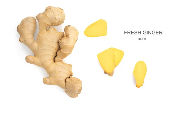 Fresh Ginger Rhizome Sliced Isolated White Background Top View Flat — Stock Photo, Image